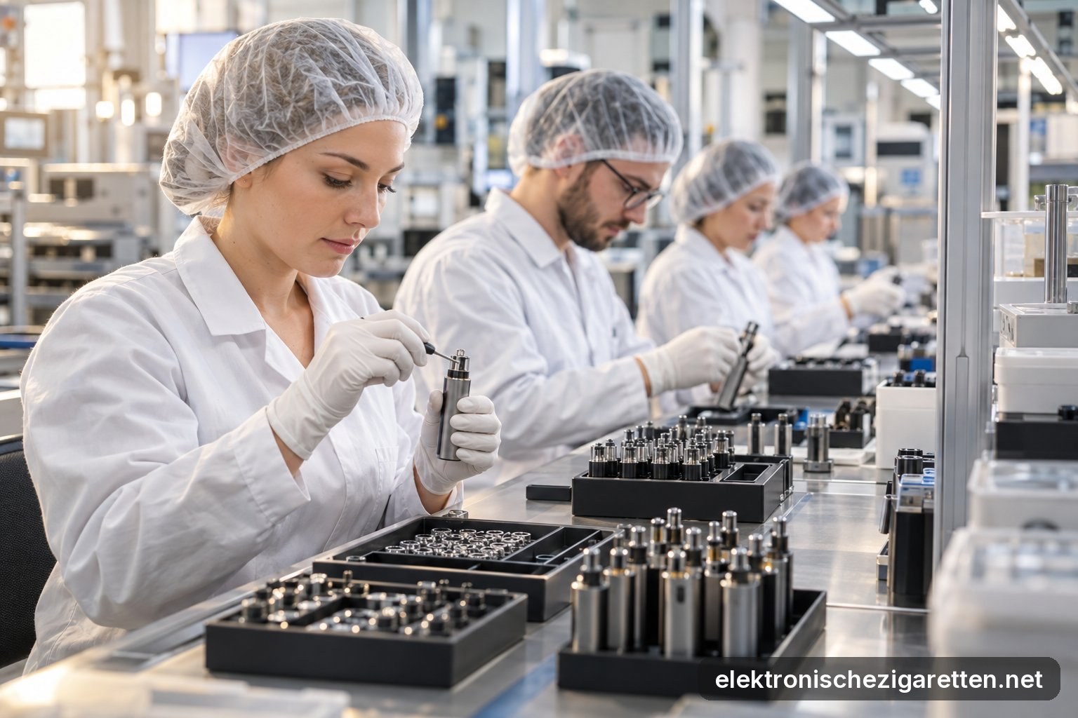 Montagelinie in einer Elektronikfabrik, an der Arbeiterinnen und Arbeiter E-Zigaretten zusammensetzen