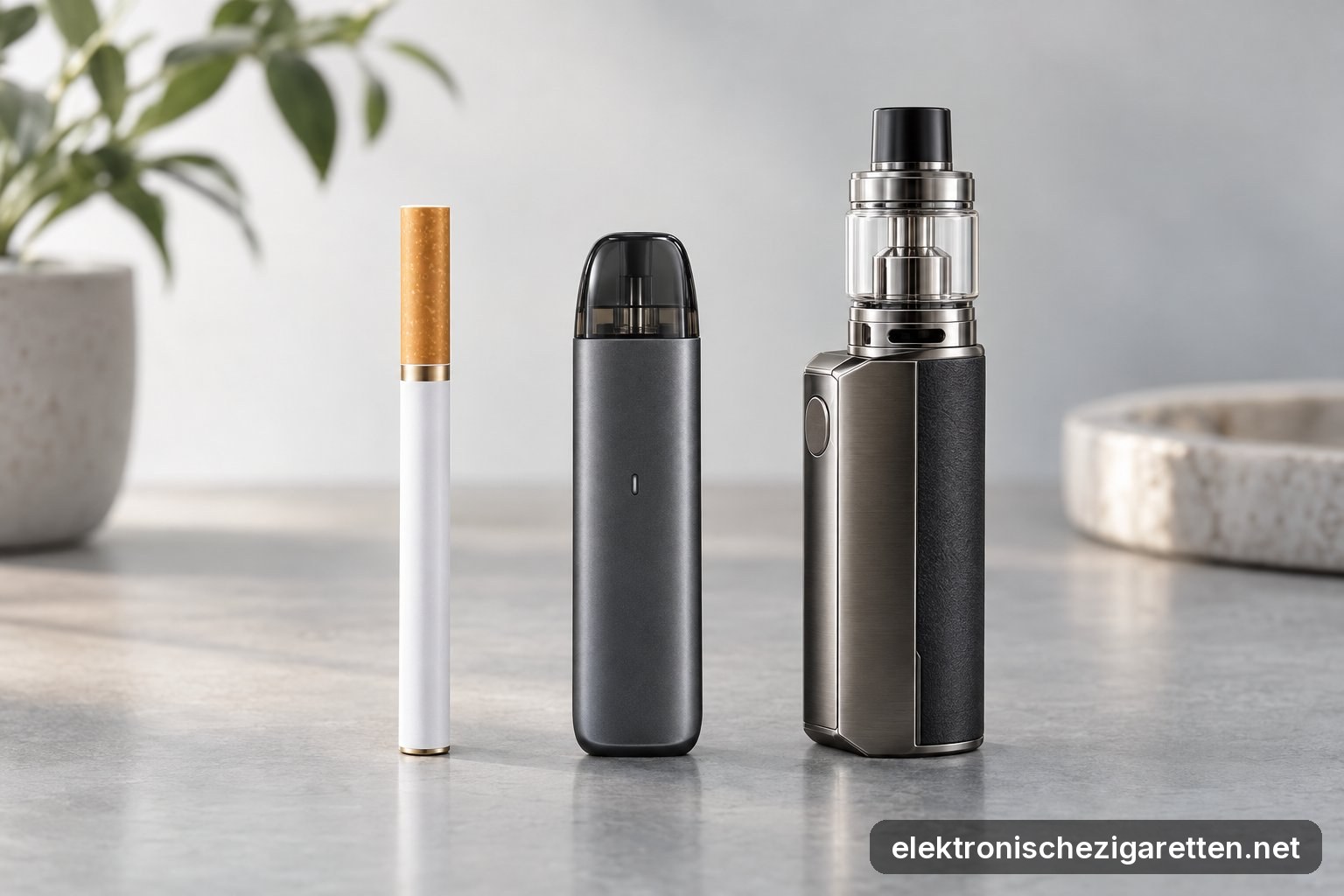 Drei Arten elektronischer Zigaretten nebeneinander: schlankes Cigalike, Pod-System und Akkuträger mit Glastank